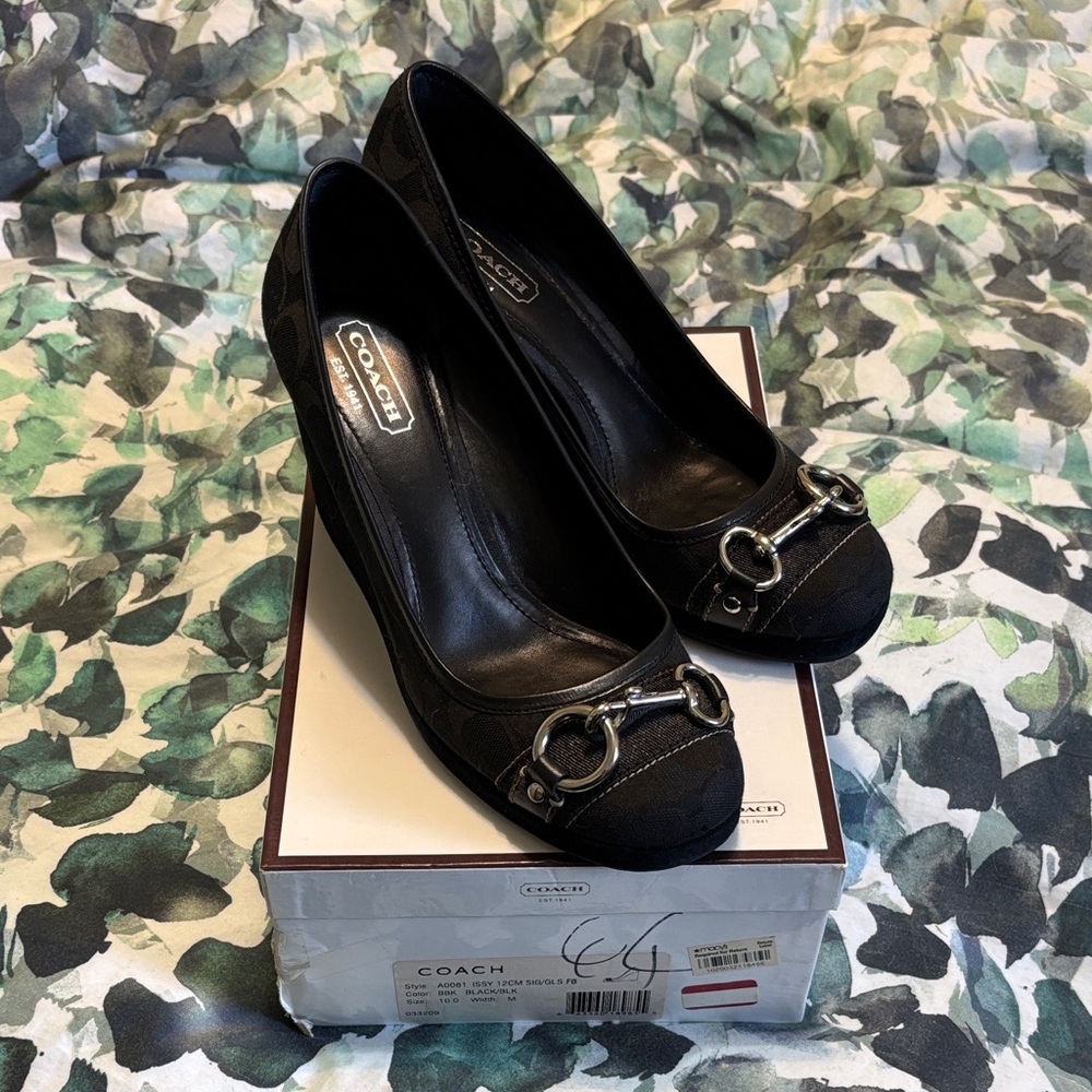 Coach Black Leather & Fabric Horsebit Heels